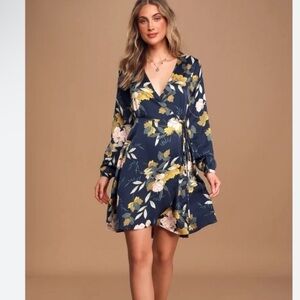 Lulus  Love is Life Navy Blue Floral Print Satin Wrap Dress Sz XS